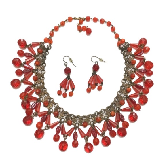 Orange/Red Fancy Necklace and Earrings - Picture 1 of 6
